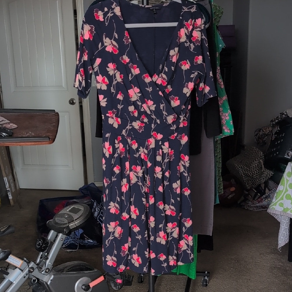 Lands' End Navy and Pink Floral Midi Dress